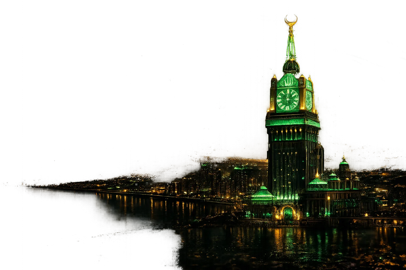 منظر ليلي لمدينة سعودية بإضاءة خضراء